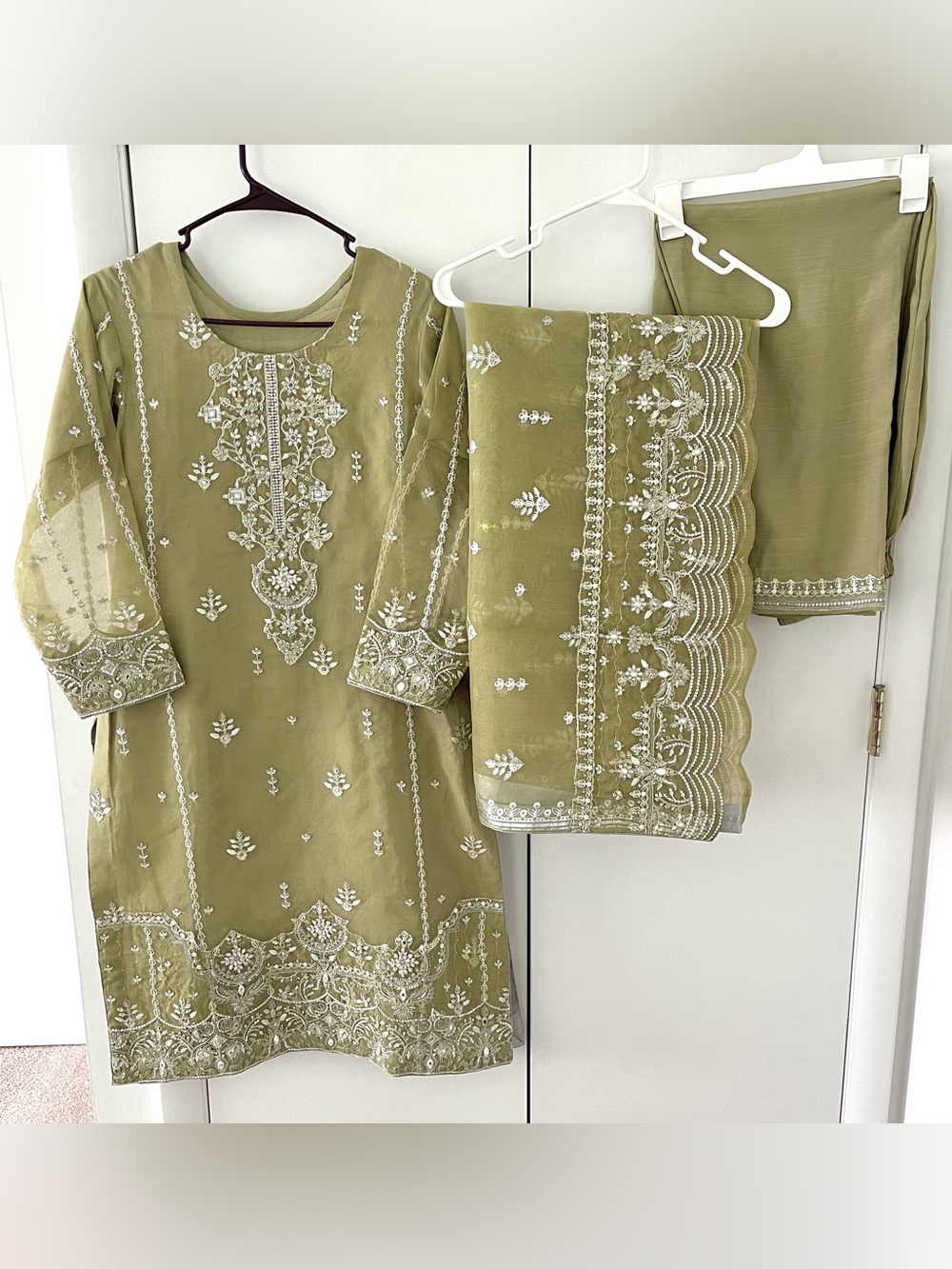 Fancy Embellished Olive Green Shalwar Kameez Set
